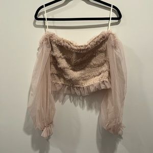 Vici Blush Pink Off-Shoulder Sheer Sleeve Crop Top